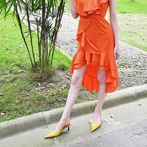 FSJ Yellow Kitten Heel Slingback Pointy Toe Sexy Sandals Party Shoes